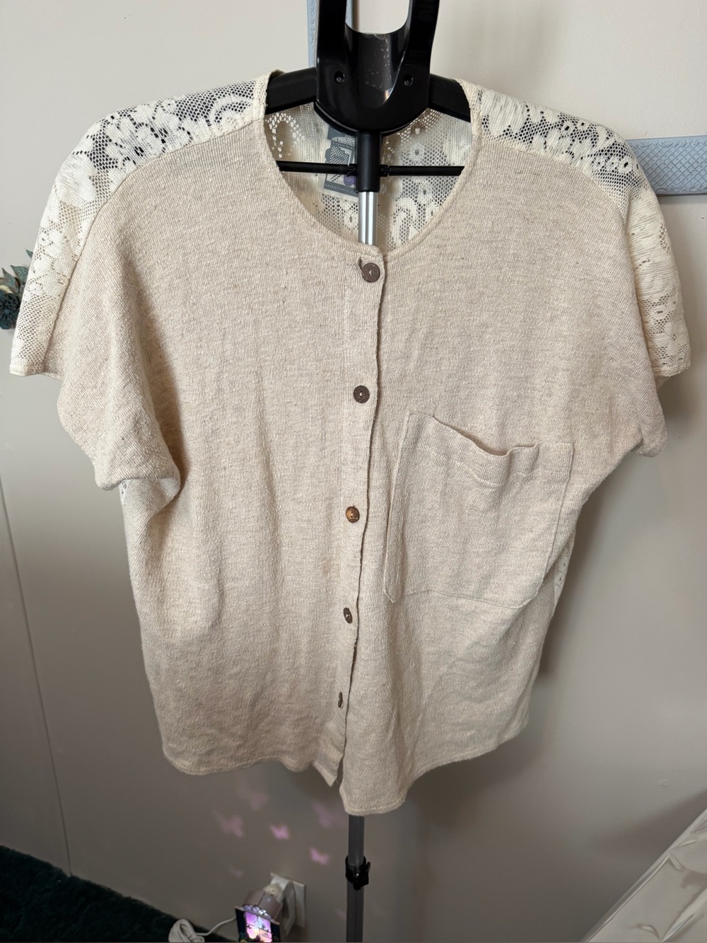 Vintage Outback Adventurous Clothing Lace-Back Knit Button-Up Top